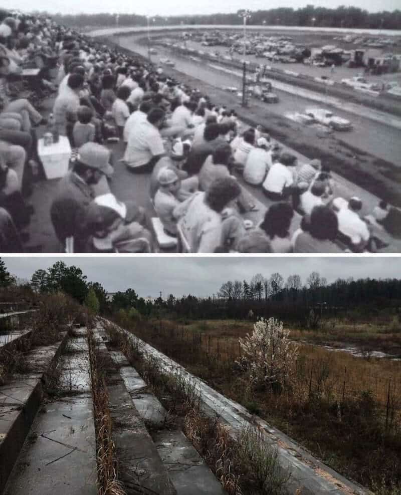 Before and after images of a race track and surrounding landscape.