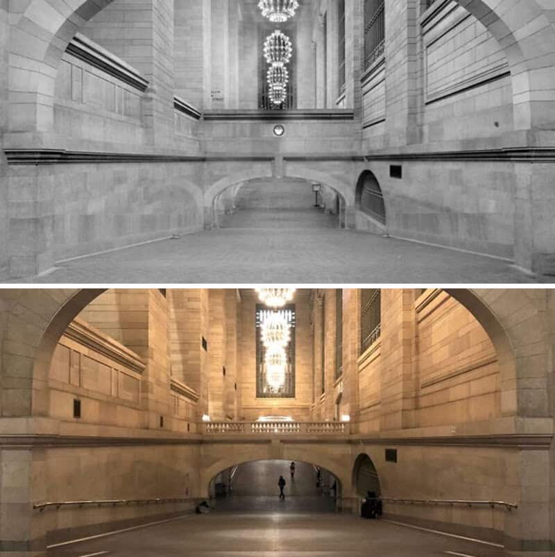 Before and after images of a grand hall with high ceilings and chandeliers.