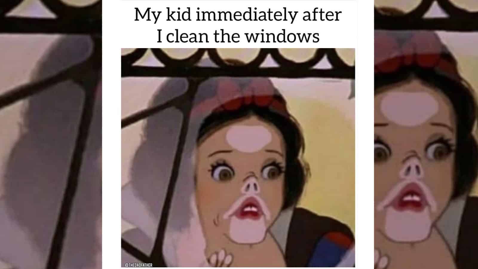 Child cleaning windows with a funny face, mom watching.