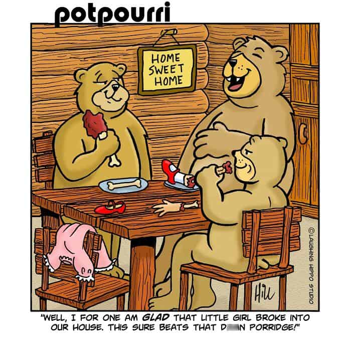 Family of bears enjoying breakfast at home with a sign that says "Home Sweet Home.".