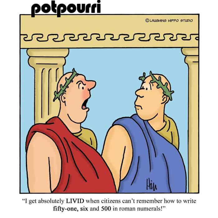 Roman citizens arguing about writing numbers, with classical columns in background.