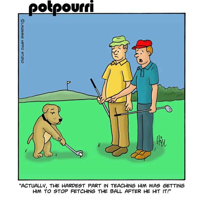 Playing golf with a dog on a golf course, two men watching, humorous scene.