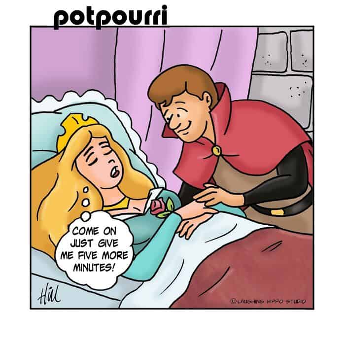 A woman in bed with long blonde hair, looking tired, says "Come on just give me five more minutes!".