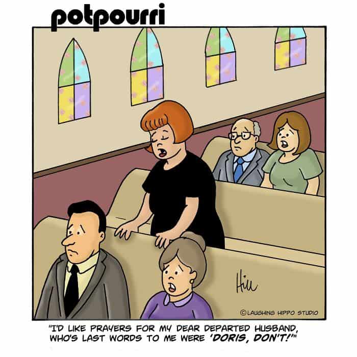 "Potpourri" church scene with a woman praying, surrounded by three seated individuals, and stained g.