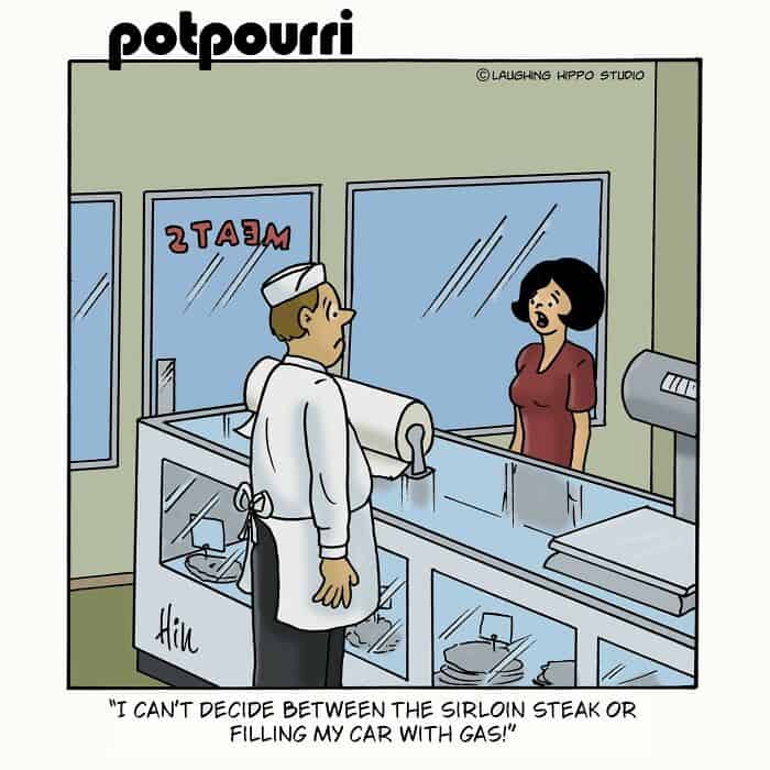 A man in a white chef's uniform and hat talking to a woman behind a glass window at a meat counter.