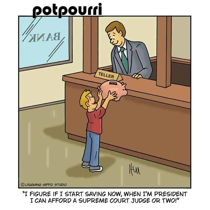 "Child saving money at bank teller window".