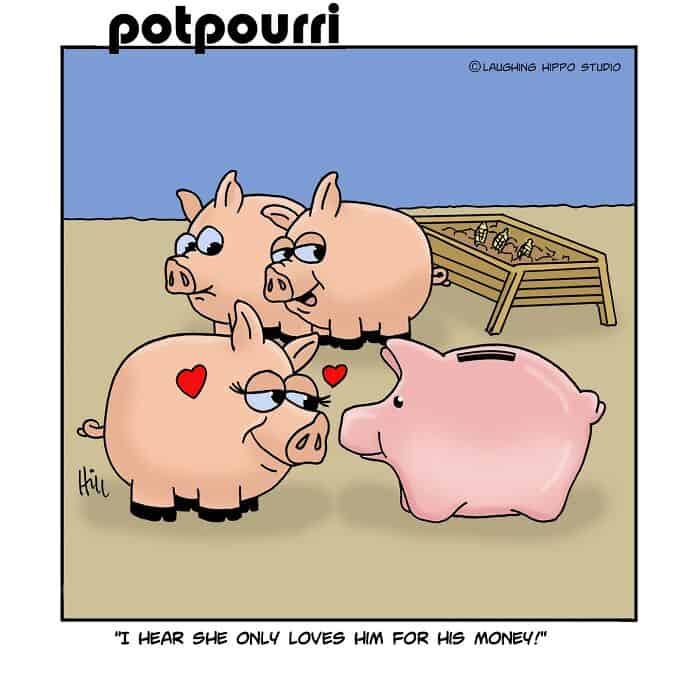 Pig cartoon with three pigs, two with glasses and hearts, one pink pig with a coin slot, and a pigst.