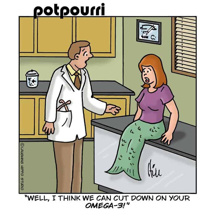 "Doctor talking to patient with mermaid tail in medical office".
