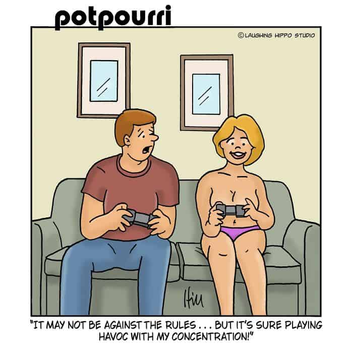 Playing video games while in underwear, with humorous text about concentration.