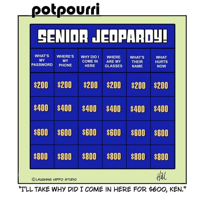 Senior Jeopardy game board with categories and dollar amounts.
