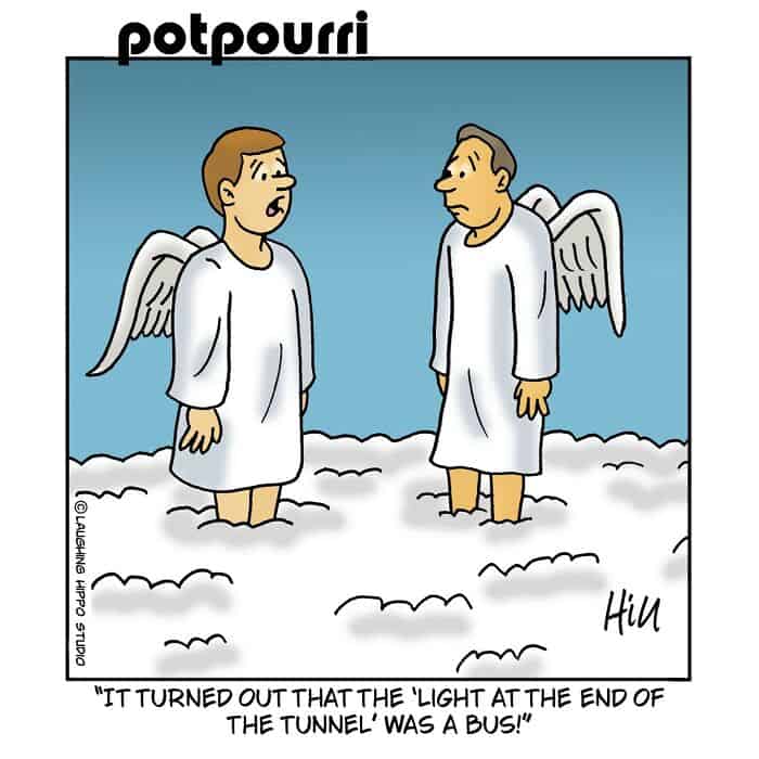 Two angels standing in clouds, one surprised, one calm, with a humorous caption.