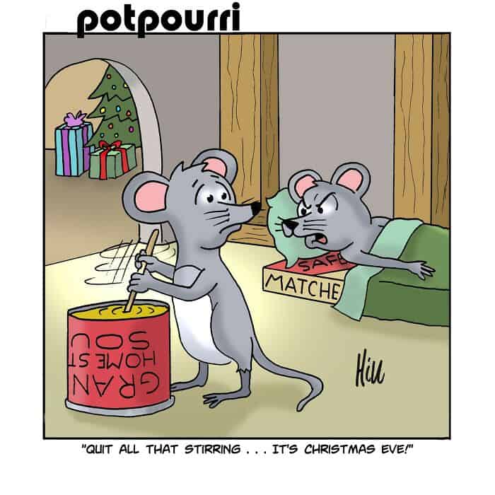 Two mice with a Christmas tree and gifts, one stirring a large pot, the other at a safe matchbox.