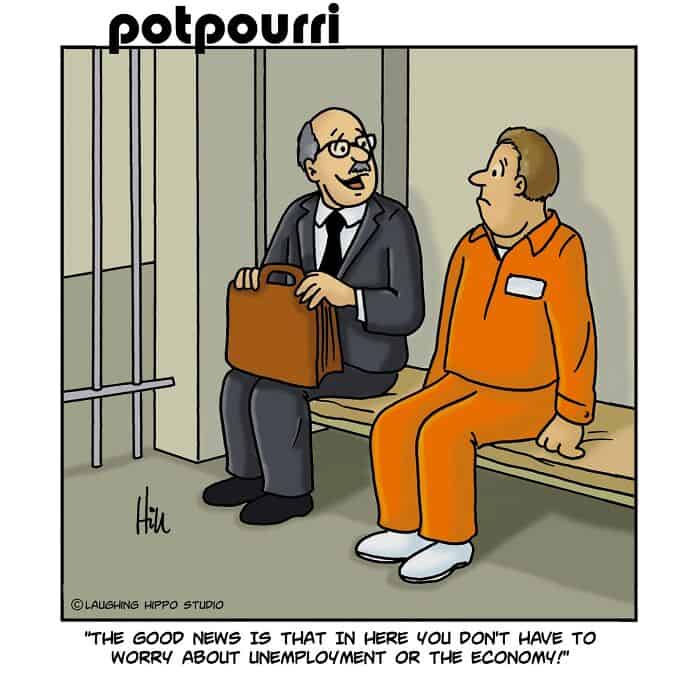 "Potpourri cartoon of two men on a bench, one in a suit and the other in an orange jumpsuit, discuss.