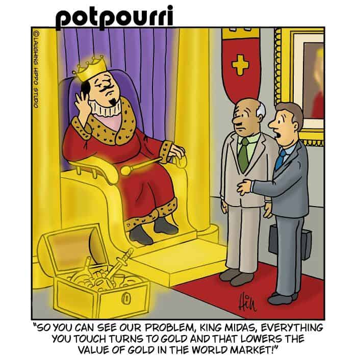King Midas touching gold, with a treasure chest open, in a royal throne room.