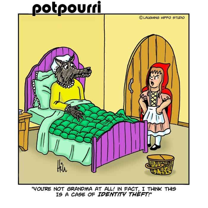 Humorous cartoon of a wolf in bed with Little Red Riding Hood standing nearby.