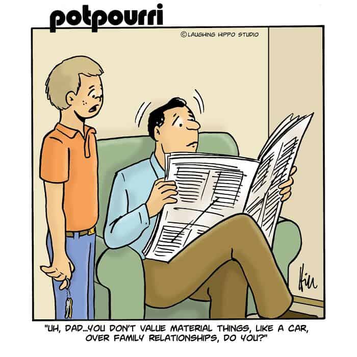 "Potpourri" comic strip with two boys, one sitting on a green couch reading a newspaper, the other s.