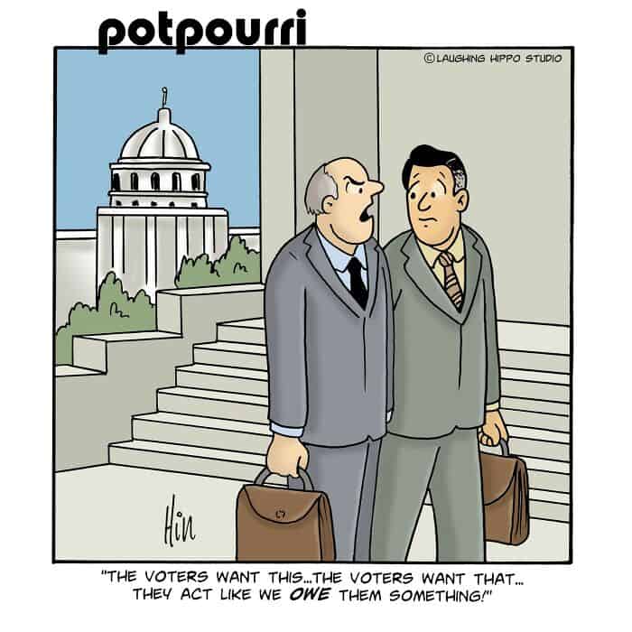 "Two men in suits talking outside government building with steps, carrying briefcases, discussing vo.