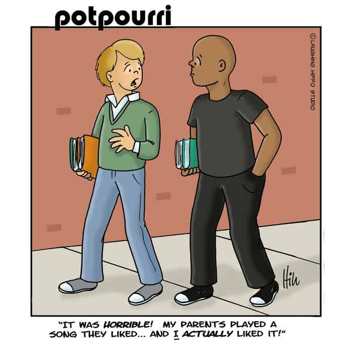 "Potpourri" comic strip with two students talking against a brick wall.