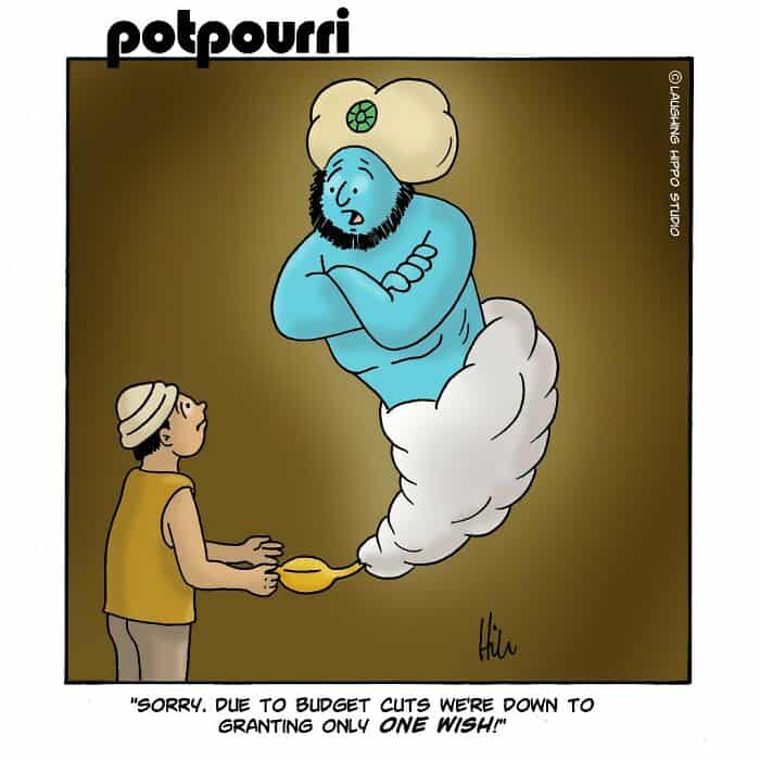 "Potpourri" cartoon depicting a genie with a blue face and beard emerging from a cloud of smoke, gra.
