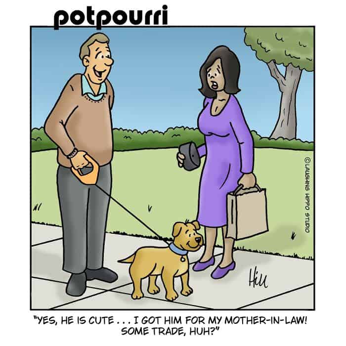 Cute dog on a leash talking to a woman holding a shopping bag and phone.