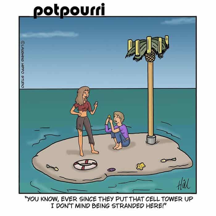 Cell tower on a small island with two women, one standing and one sitting, surrounded by beach items.