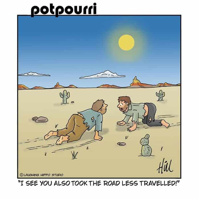 "Potpourri" comic showing two men crawling on the desert ground, with cacti and rocks, under a brigh.
