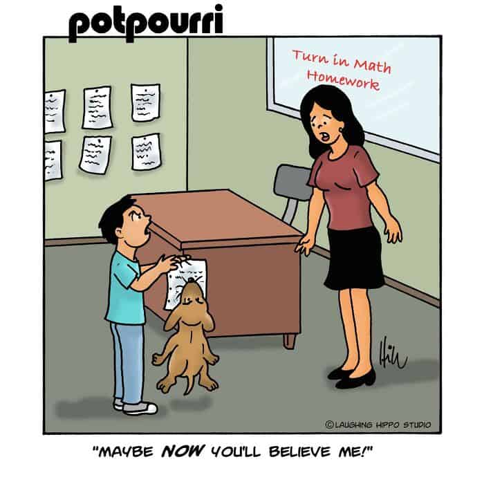 "Potpourri: Turn in Math Homework" scene with a boy, a dog, and a teacher in a classroom.