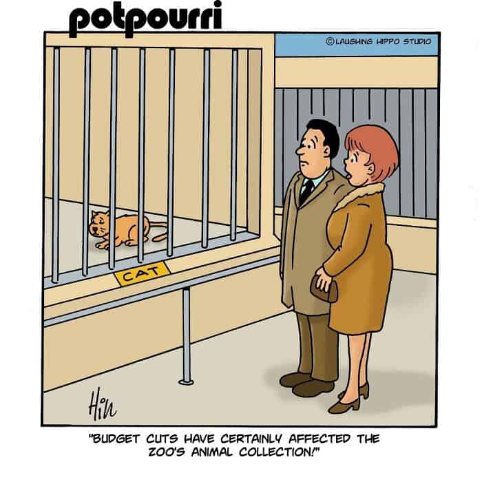 "Potpourri" cartoon showing a cat in a cage labeled "CAT" with a man and woman observing, caption ab.