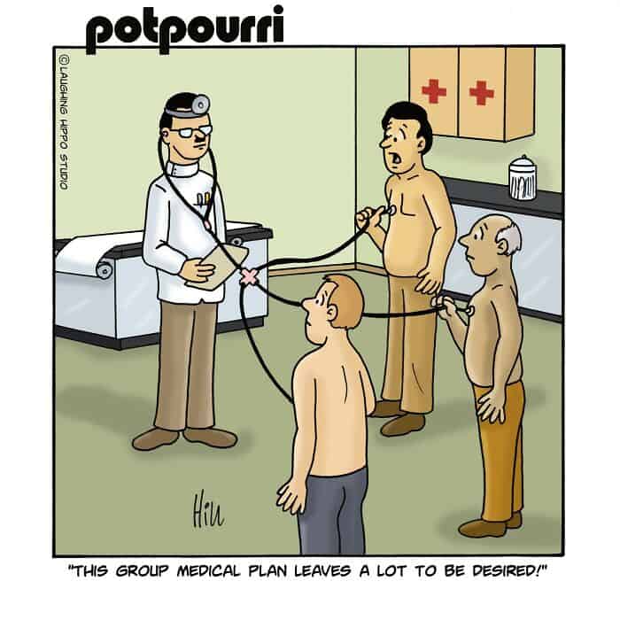 Group of people with medical plan, doctor, and nurse in clinic setting.