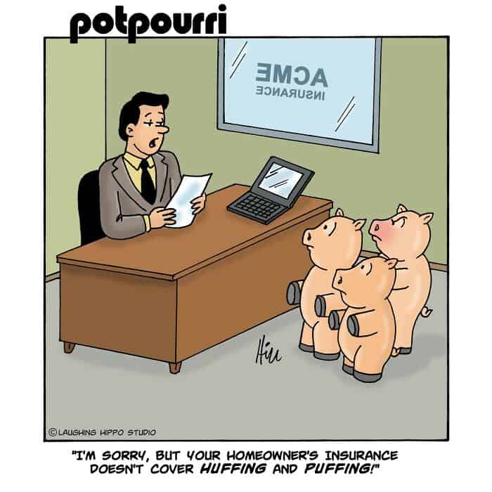 "Potpourri" cartoon showing a man at an insurance office with three piggy bank characters, caption r.