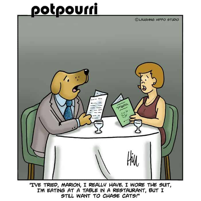 "Potpourri" cartoon showing a dog in a suit and a woman at a restaurant table with menus, discussing.