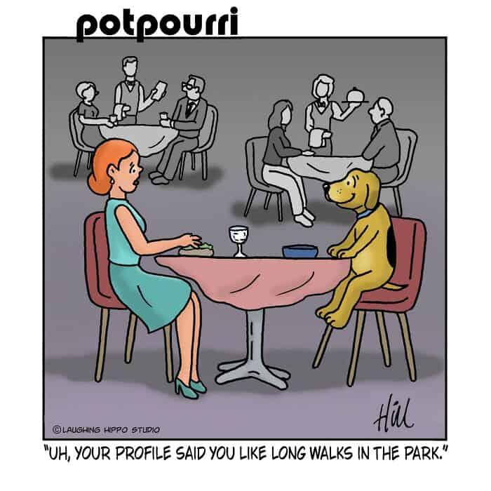 A woman and a dog sitting at a restaurant table, with a background of people dining and chatting.