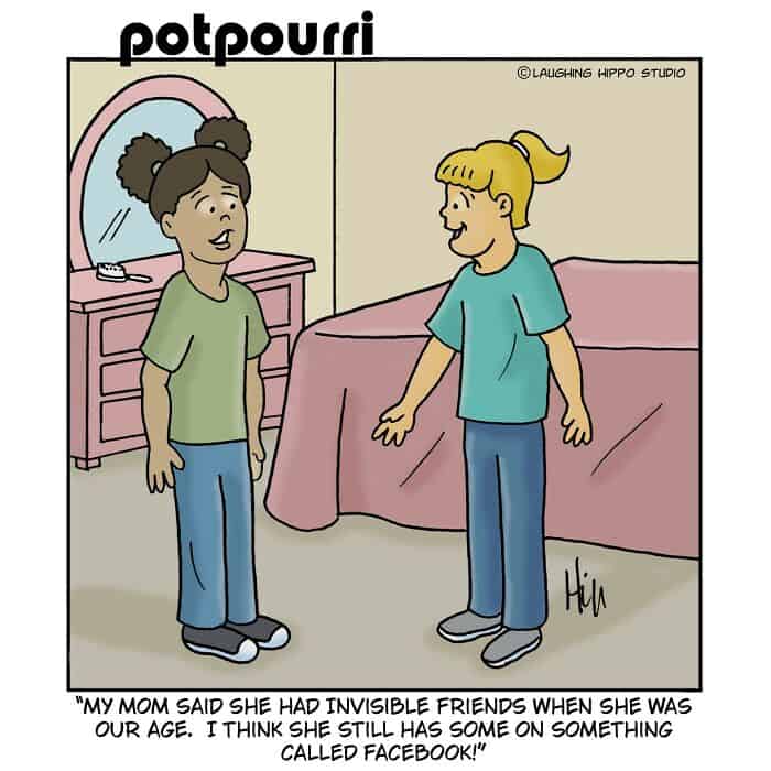Invisible friends joke with two girls talking in a bedroom, one mentions her mom's childhood invisib.
