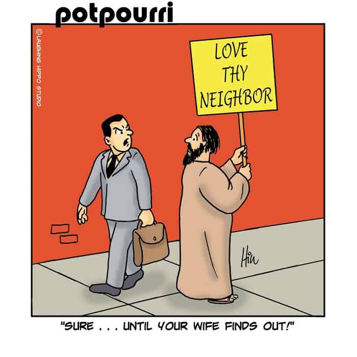 "Love thy neighbor" sign held by a man in a long coat, confronting a man with a briefcase and a surp.