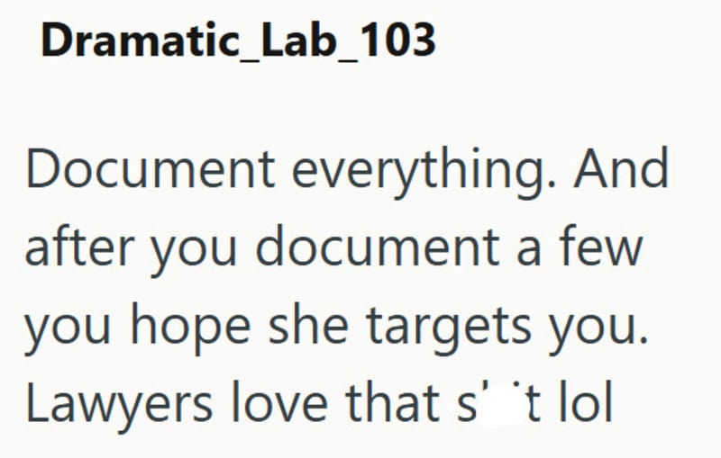 Screenshot of a document titled 'Dramatic_Lab_103' with text about documenting and targeting someone.