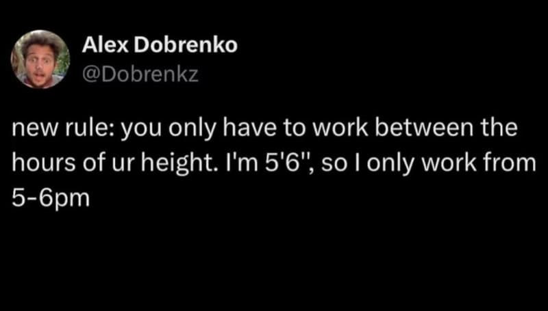 Alex Dobrenko's tweet about working only between 5-6pm.