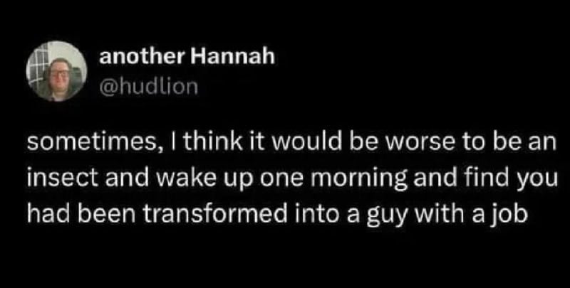 Sometimes, I think it would be worse to be an insect and wake up as a guy with a job.