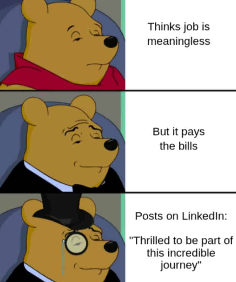 Winnie the Pooh with a sad face, then smiling with a suit, then with a top hat and monocle.