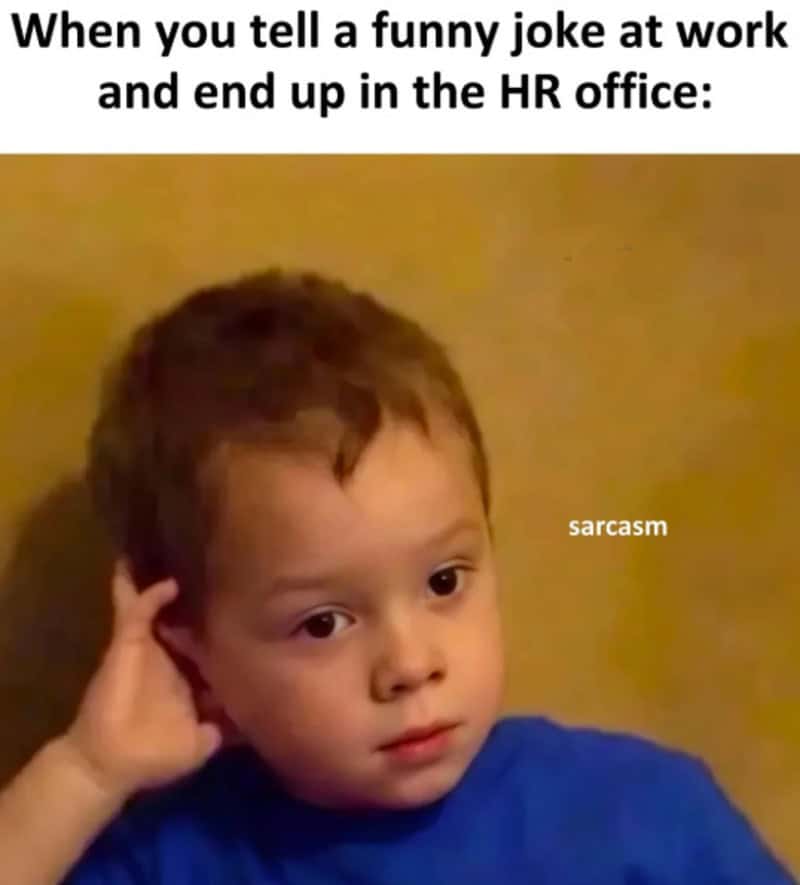 Child with a serious expression, hand on head, caption about telling a joke at work.