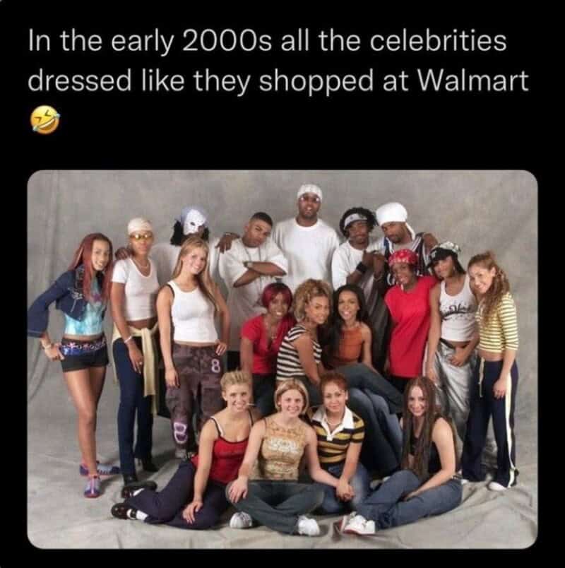 Group of young people dressed in early 2000s fashion, some with bandanas and baggy clothes.
