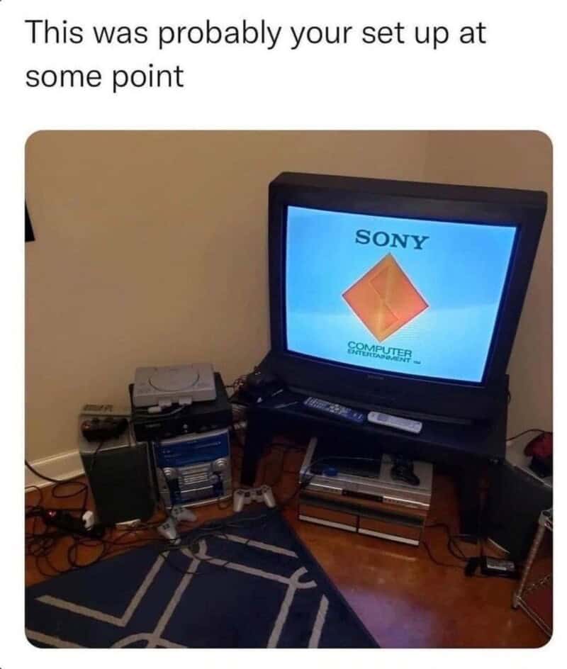 Old Sony computer setup with CRT monitor, gaming console, and accessories.
