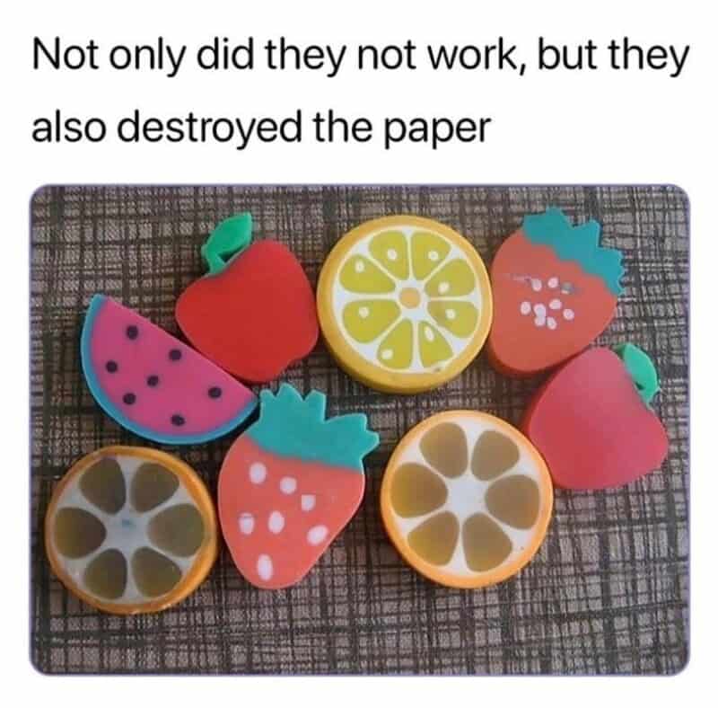 Colorful toy fruits with a humorous caption about their failure and destruction.