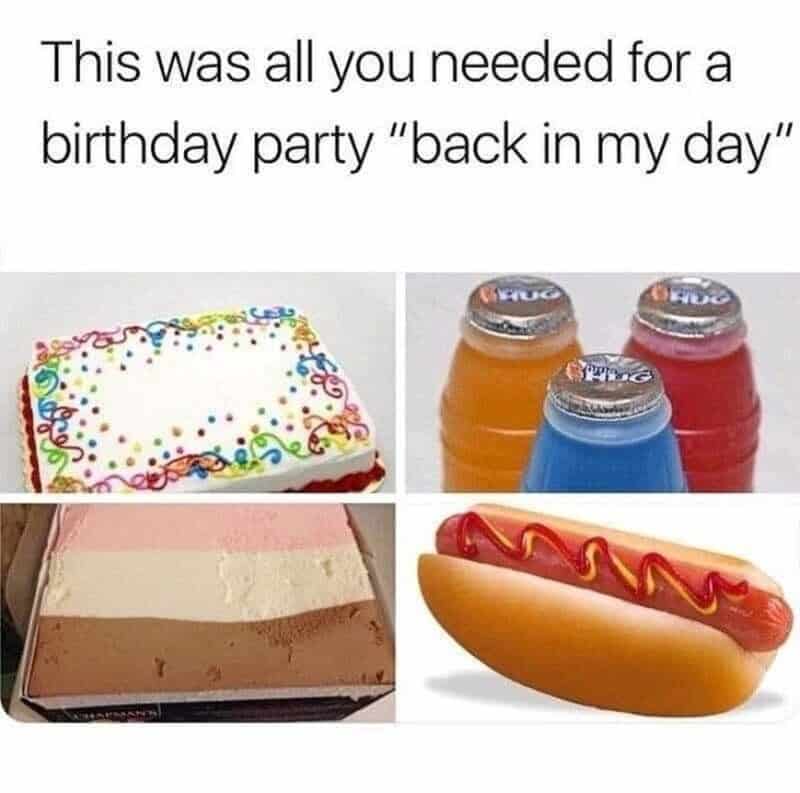 Birthday cake, soda bottles, and hot dog with ketchup and mustard.
