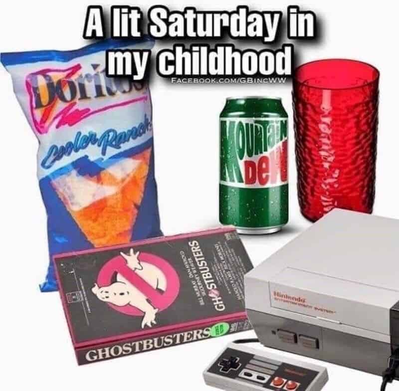 A collection of childhood snacks and toys including Doritos, Mountain Dew, Ghostbusters game, and a.