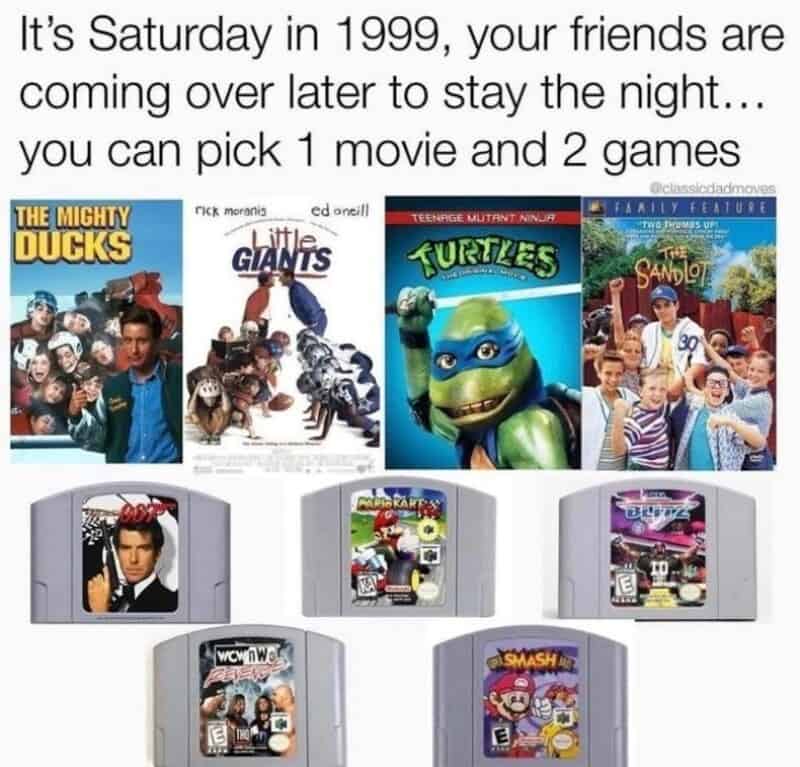 Saturday in 1999 with friends, movies, and games, including Teenage Mutant Ninja Turtles.