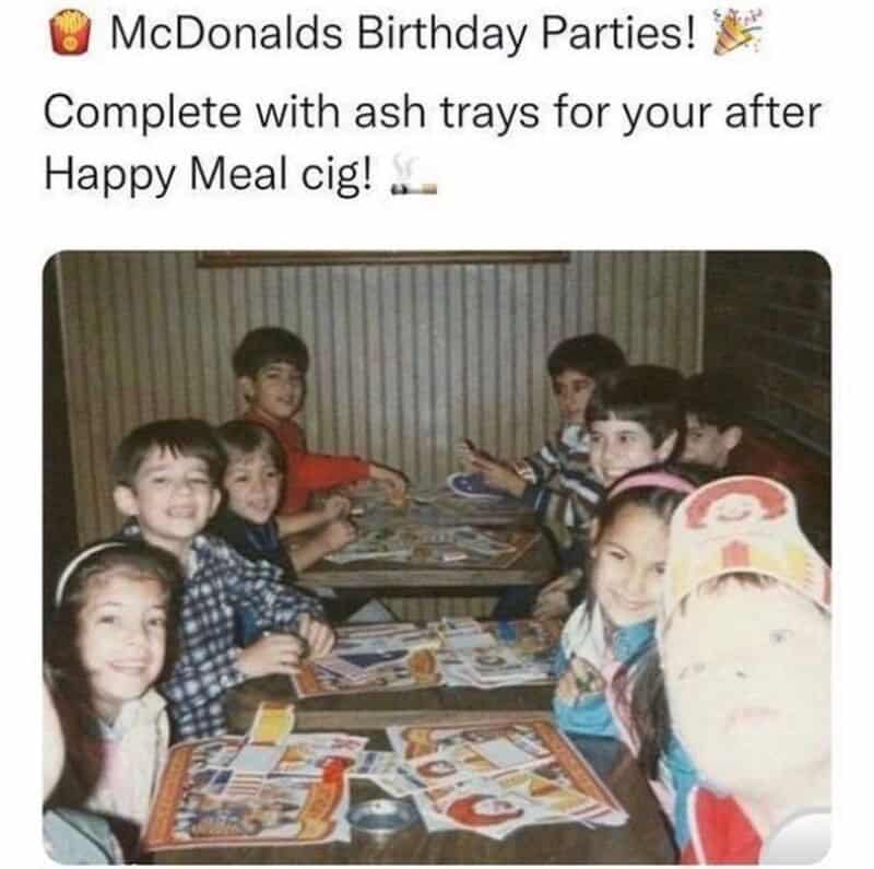 Children at McDonald's birthday party with ash trays and Happy Meal cigars.