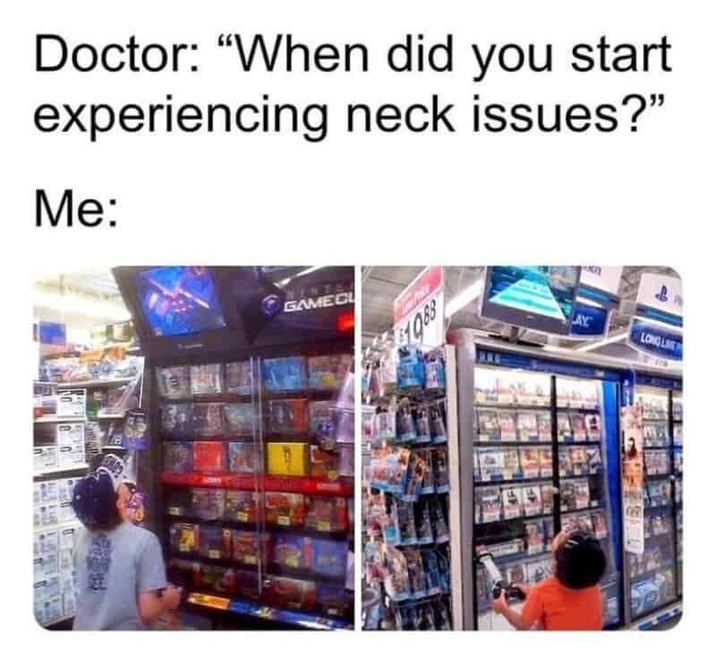 Child looking at video games and gaming accessories in a store.