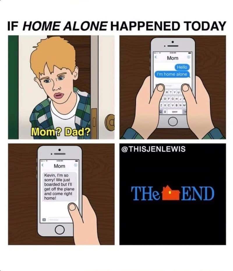 Comic strip about being home alone, with text messages and ending with 'The End'.