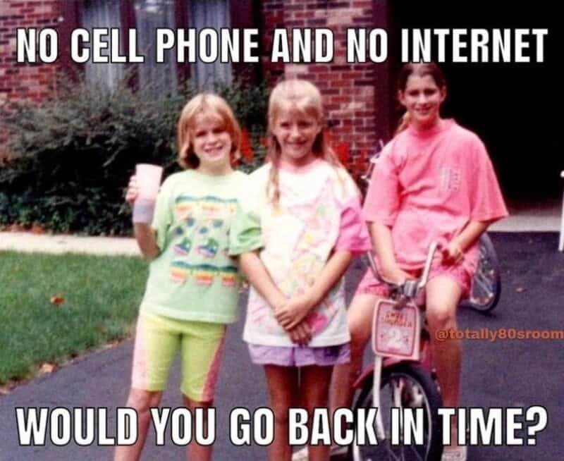 Three girls with a bicycle and a drink, with text about no cell phones or internet.