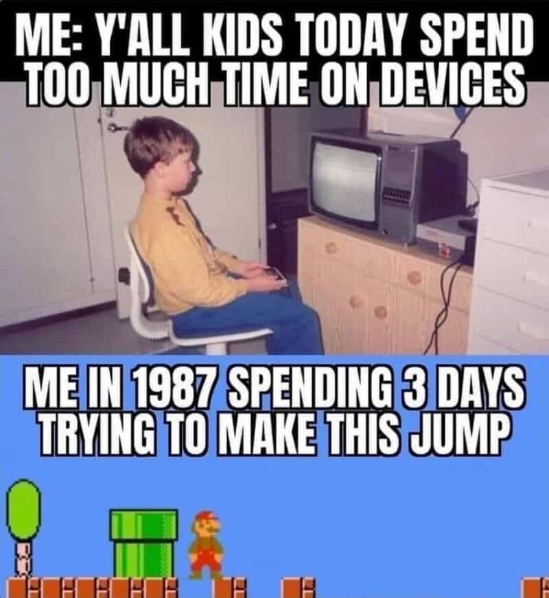 Child watching TV and playing Mario on an old video game console with a meme about kids and devices.